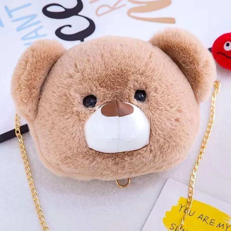 Cute Plush Big head bear shoulder bag Fluffy Handbag Casual  fashion student chain messenger bag Girls Party Gift