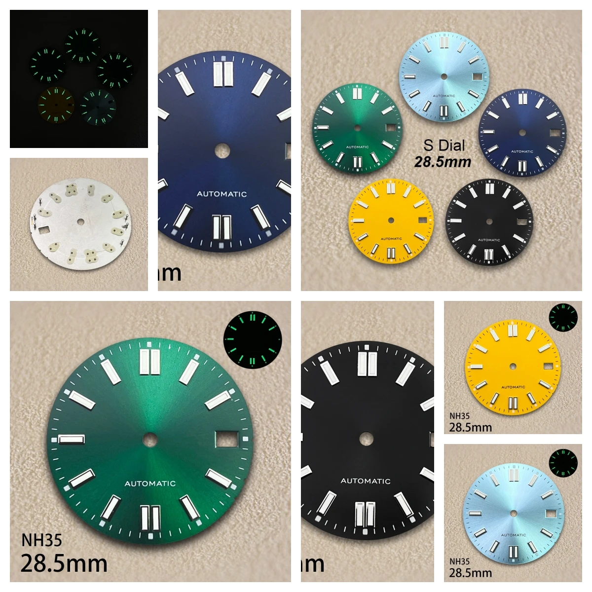 

28.5mm S Logo Sunray Dial Fit NH35/NH36/4R/7S Movement Green Luminous High-Quality Watch Modification Accessories 3/3.8/4O'clock
