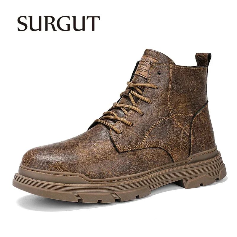 SURGUT New Men Boots Comfortable Spring Autumn Warm Waterproof Fashion Ankle Boots Casual Men Leather Working Boots Men