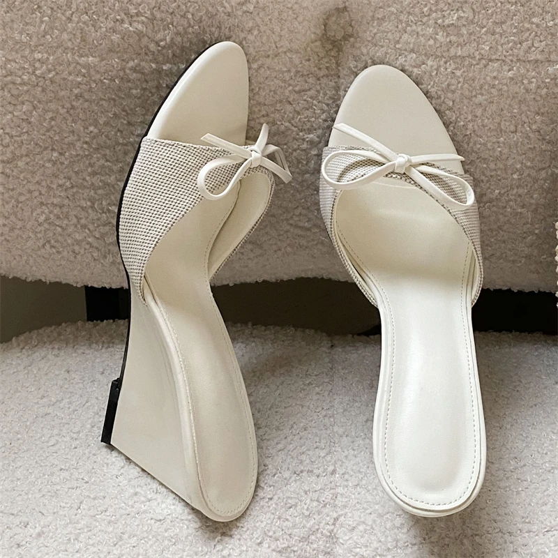 

Aneikeh White Bow Knot Wedge Heel Slide Sandals Mules Women's Open Toe Linen Strap Slip on Summer Casual Slippers Shoes