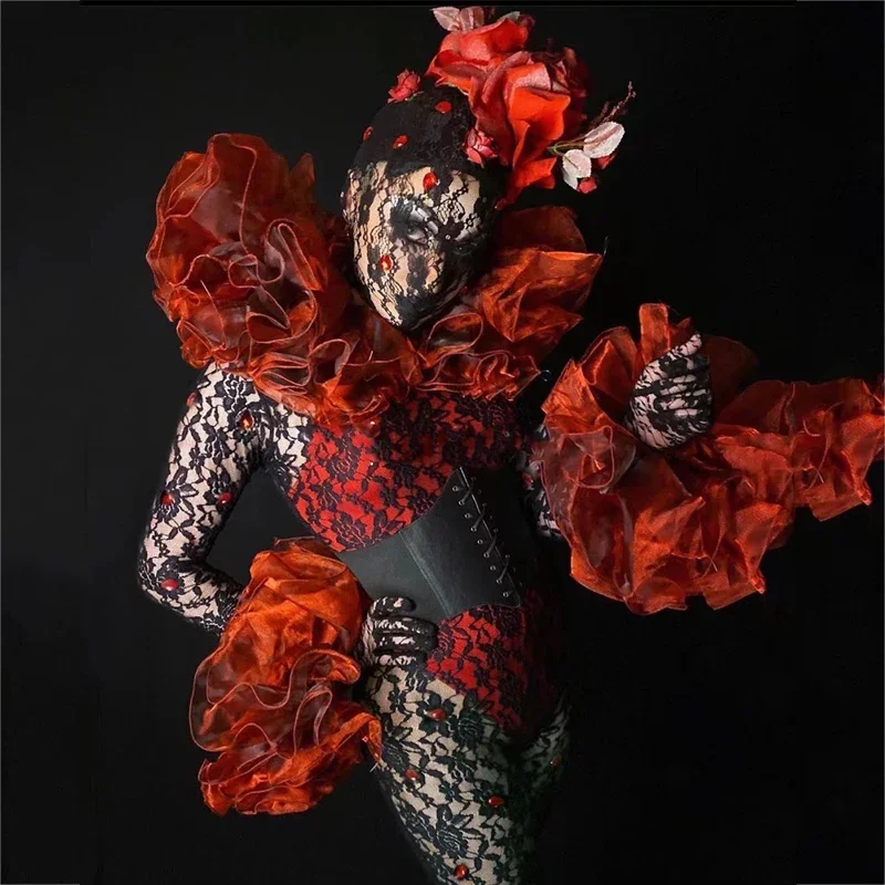 ハロウィンコスチューム レディース ゴーゴーパーティー ショー DJ DS セクシー ブラック ダークレッド レース ジャンプスーツ ステージ衣装 ポールダンス レイブウェア XS2993