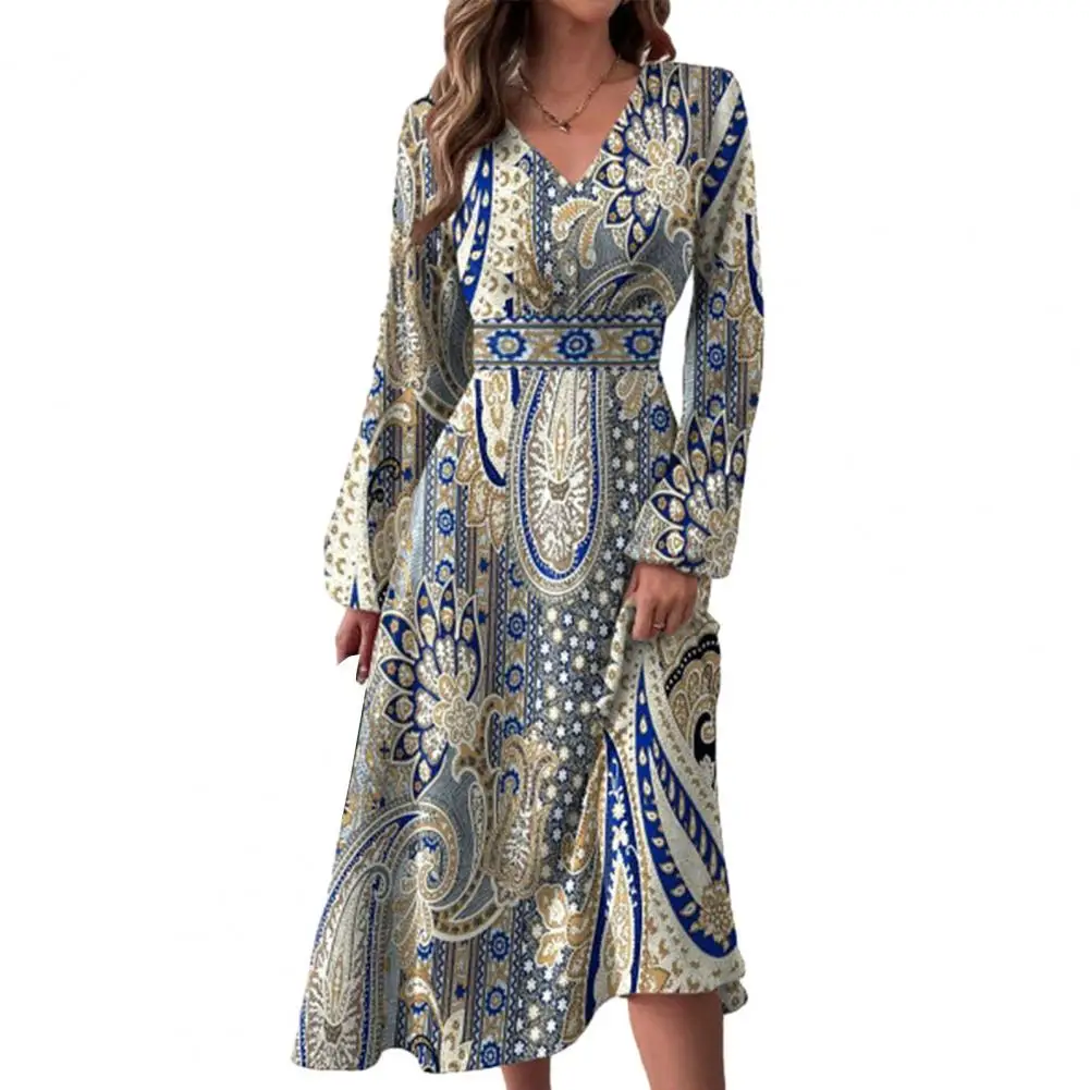 

Retro Women's Printed Dress Ethnic Style Print Dress with V Neck Long Lantern Sleeves High Waist A-line Swing Clothing