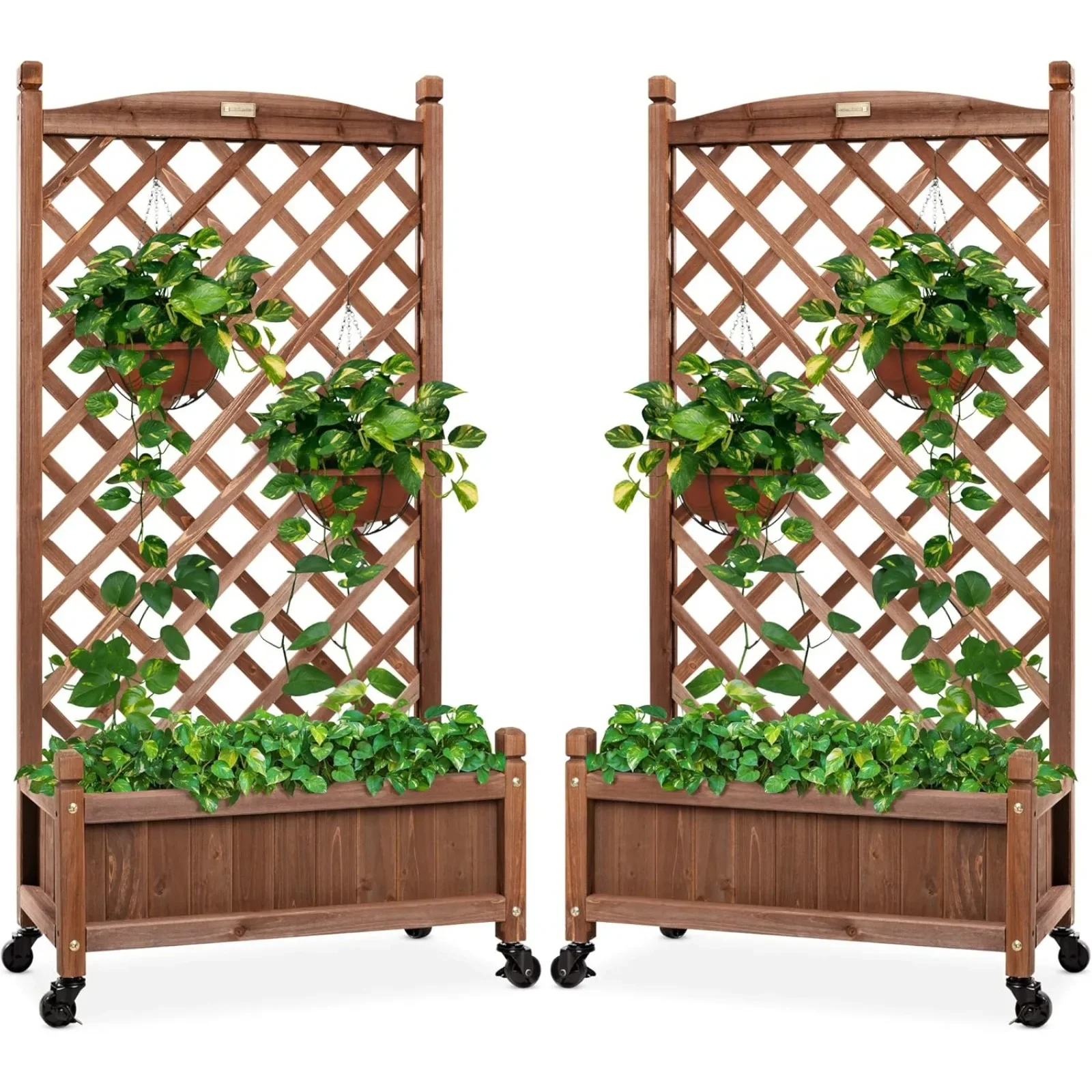 

US Set of 2 48in Wood Planter Box & Diamond Lattice Trellis, Mobile Outdoor Raised Garden Bed for Climbing Plants w/Drainage