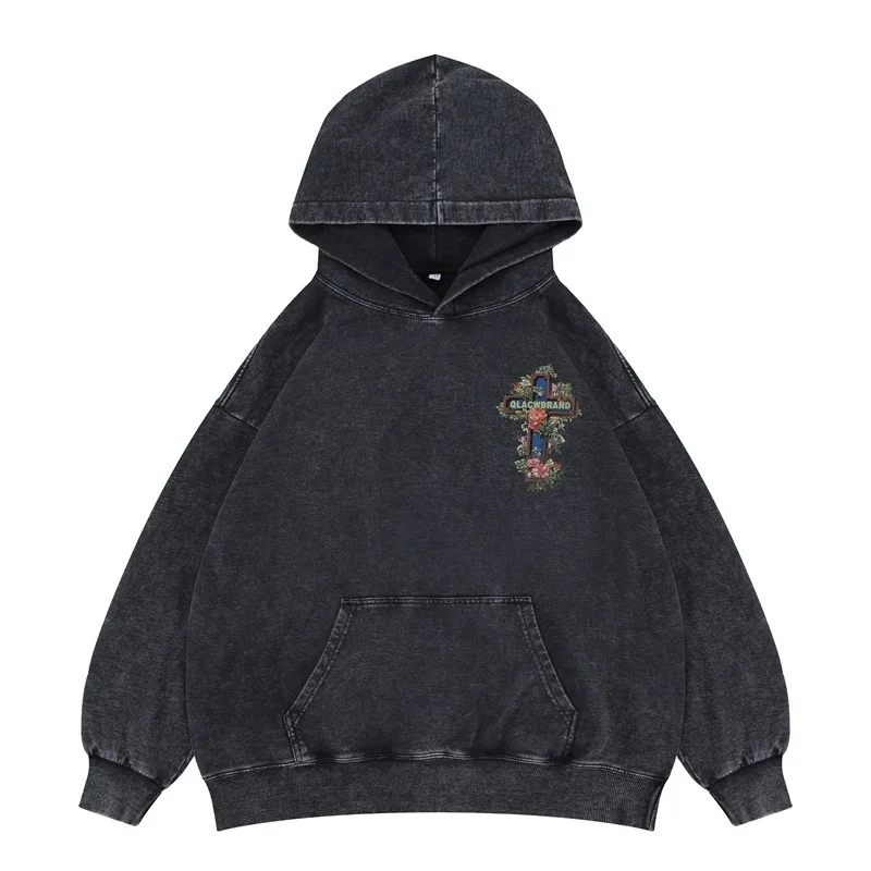 Men's 2025 Autumn/Winter New Product Trendy Brand Cross Print Stir Fried Snowflake Vintage Hoodie