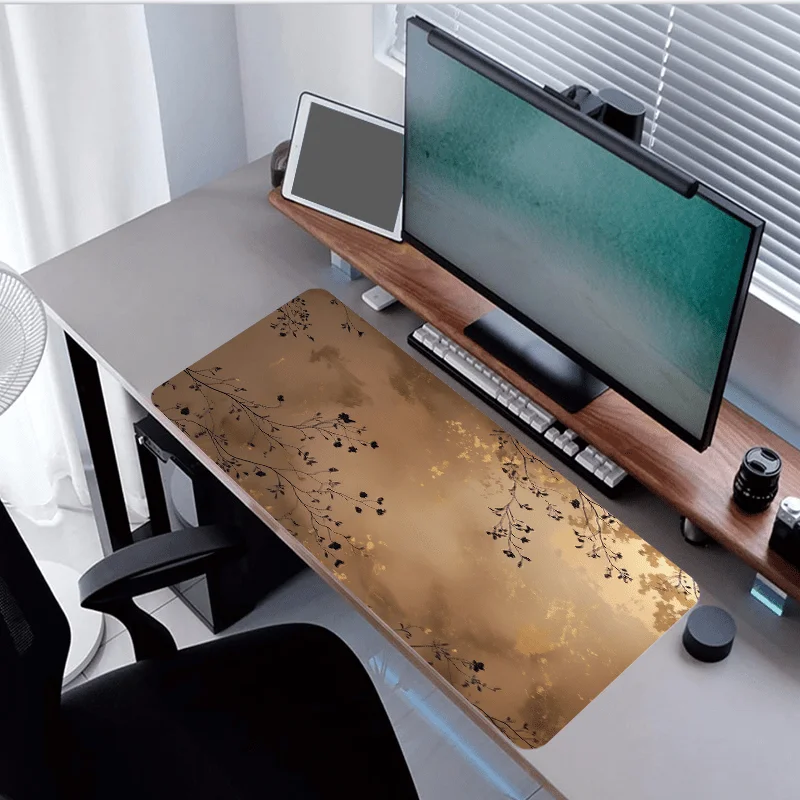 Aesthetic Gold Foil Botanical Desk Mat, Extended Non-Slip Rubber Gaming Mouse Pad with Warm Tone Branch Design