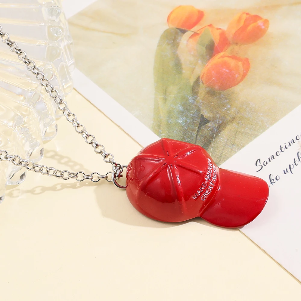 Red Baseball Cap Shape Pendant Necklace Letter Hat Charm Necklace Alloy Fashion Novelty Statement Jewelry for Men Party Gift