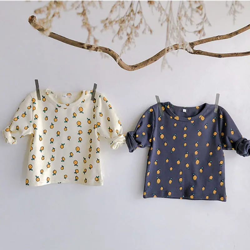 ﻿ Fall Baby Pajamas Set 0-3Y Girls Lemon Printed Sleepwear 2Pcs Infant Boys Underwear High Waist Belly Protection Home Clothes