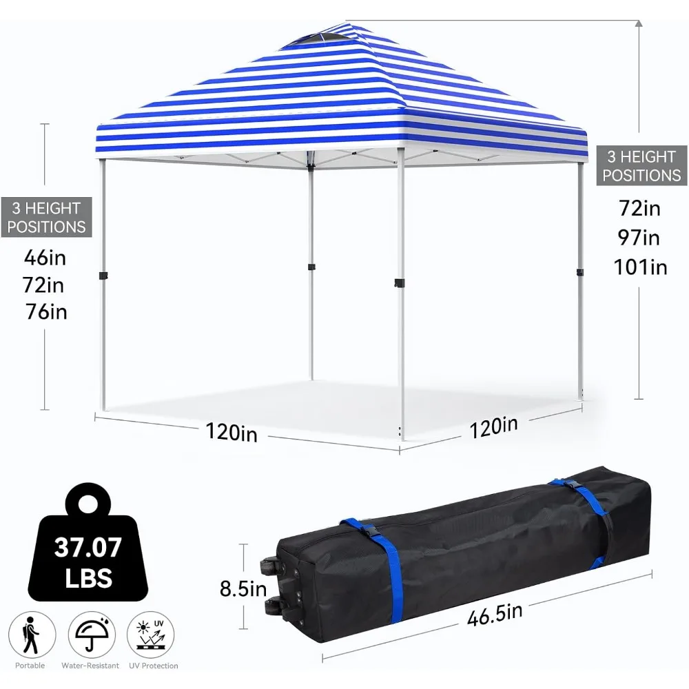 10x10 Pop Up Canopy Tent with Sand Bags, Sun Shelter for Camping, One Person Setup, Blue Stripe