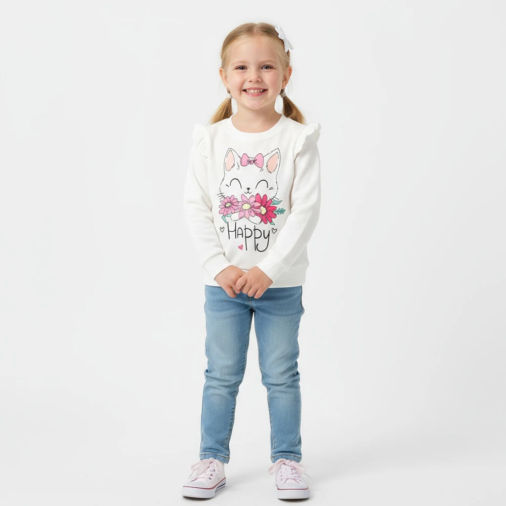 

3-8 Y Kids Girls Autumn Sport Sweatshirt, Long Sleeve Cartoon Cat Print Pullover, Cute Casual Sweatshirts for Spring & Fall