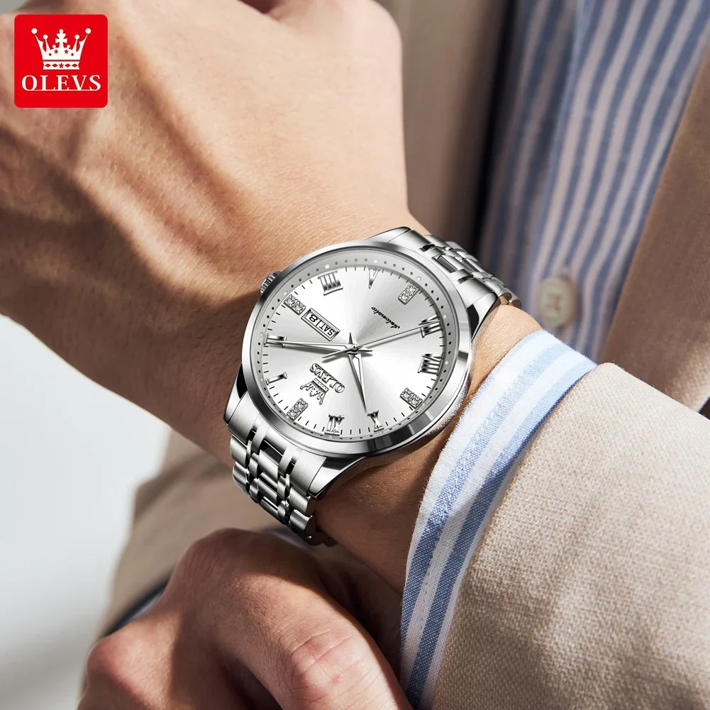 OLEVS 7062 ساعات آلية أوتوماتيكية مقاومة للماء من الفولاذ المقاوم للصدأ ساعة مضيئة مزدوجة كانلاندر للرجال ساعة يد عصرية