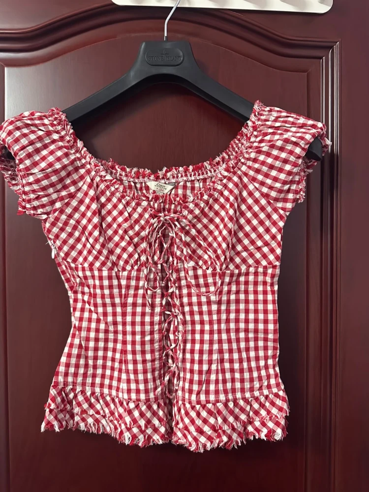 الفرنسية الأحمر منقوشة موضة سليم نفخة كم بلايز المرأة الجديدة الدانتيل يصل الحلو ريترو تي شيرت على طراز هاراجوكو الجمالية خمر صالح شيك الملابس