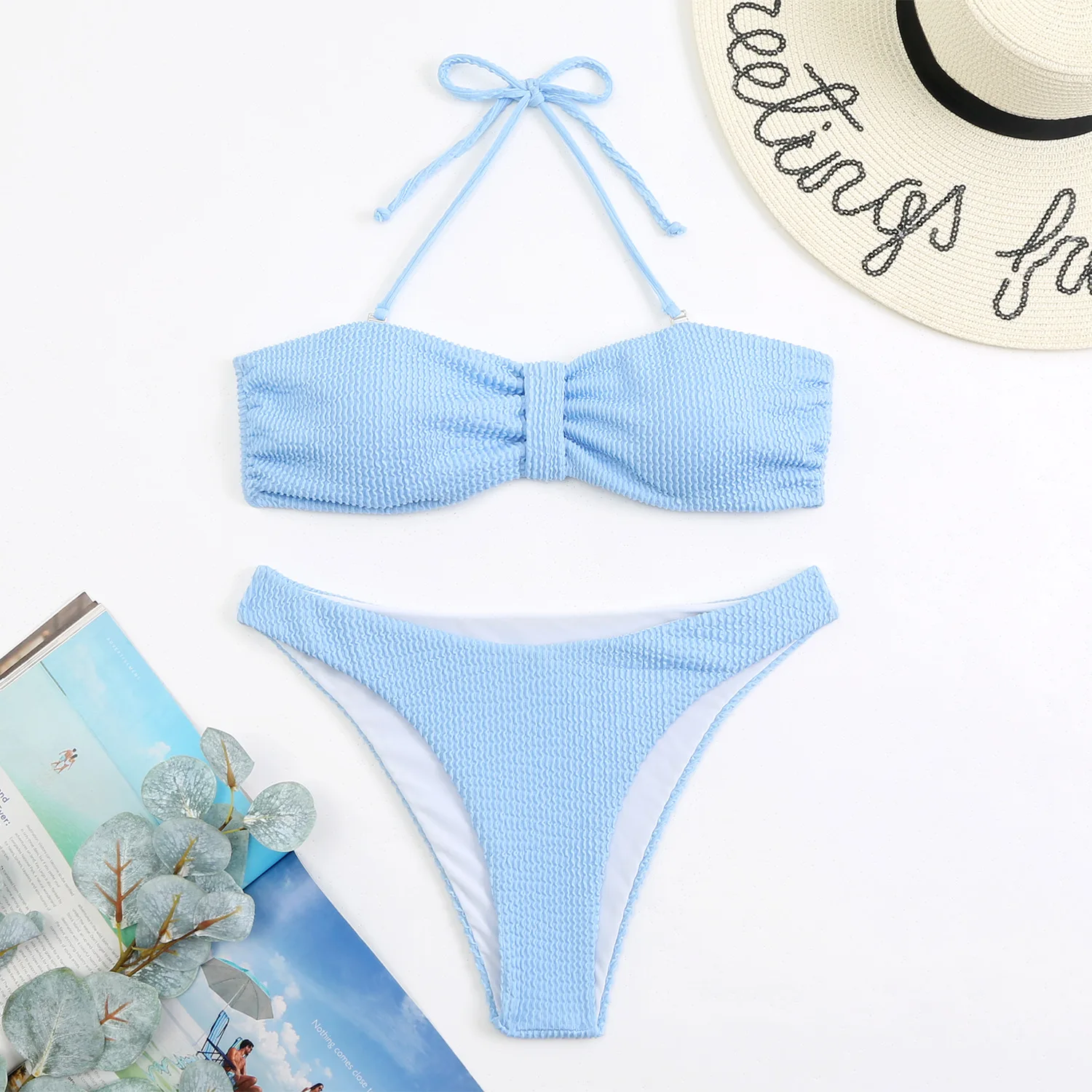 2023 Solid Color Bikini Set Split Women Bandage Backless Swimsuit High Waist Strap Nack Fit Beach Biquine Brasileiro Swimwear