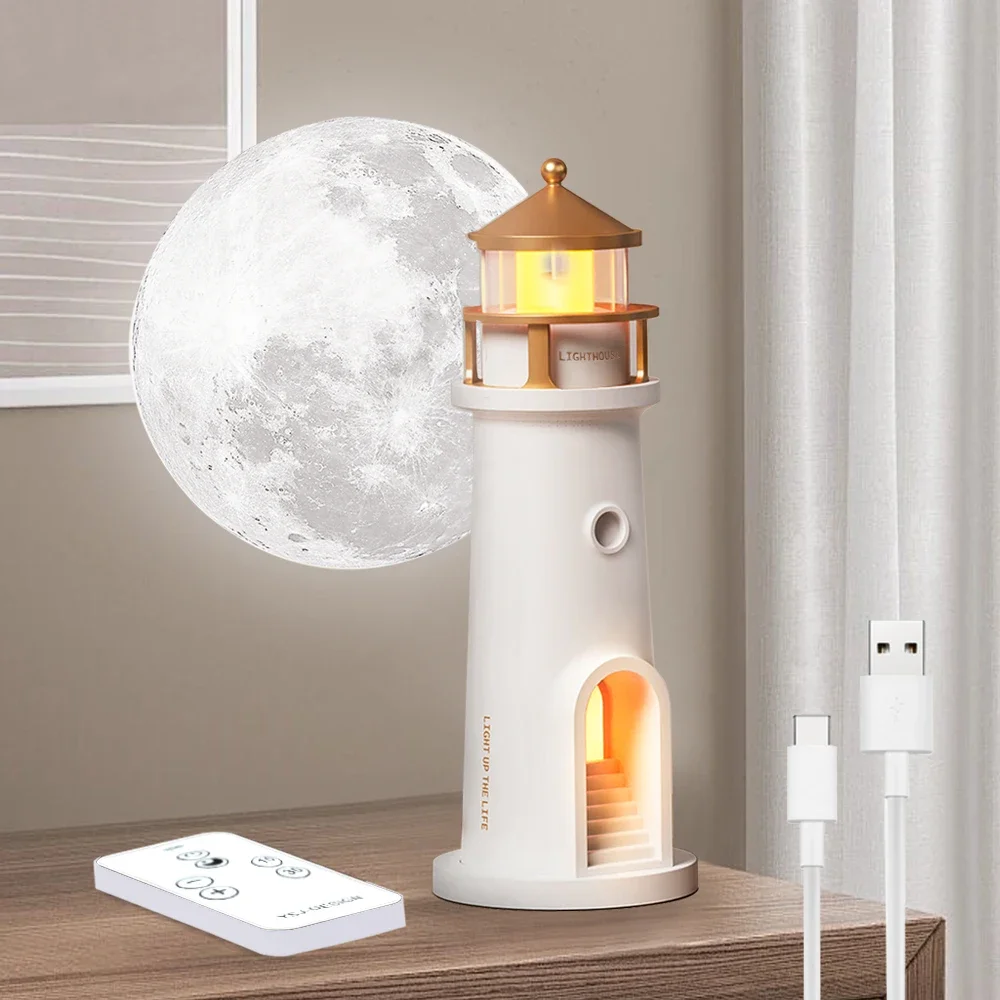 Rechargeable Moon Lighthouse Projection Night Light Portable Bedside Lamp Moonlight Decor Table Lamp Bedroom Kid Soft Glow Sleep