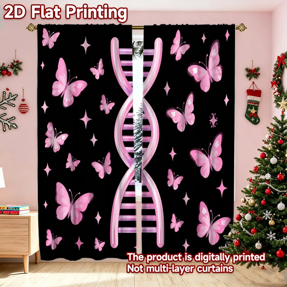 2D flat printing 2pcs Trend Christmas Curtains Pink DNA Butterflies Digitally printed polyester, colorfast Festive Holiday for