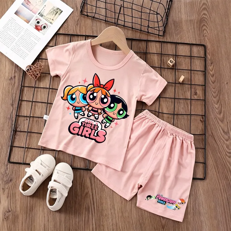The Powerpuff Girls Pyjama-Shorts-Set für Kinder, Kawaii Blossom, Nachtwäsche, Hosen, Kinder, Sommer, Heimkleidung, kurze Ärmel, Geschenk, neu