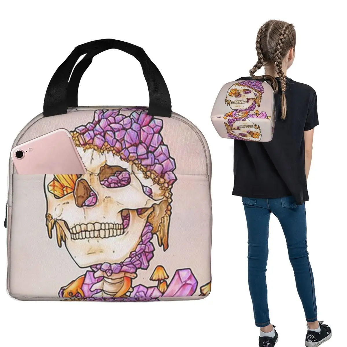 A Skeleton Encircled By Colorful Flowers Insulated Lunch Bag for Women Children Leakproof Food Boxes Thermal Lunch Box Tote