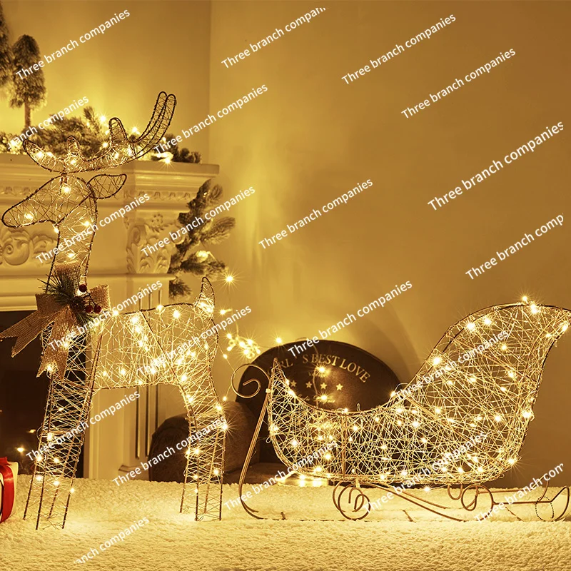 Christmas Glow Wrought Iron Deer Pull Cart Elk Ornaments Shopping Mall Window Beauty Display with Lights Gift Box Decoration