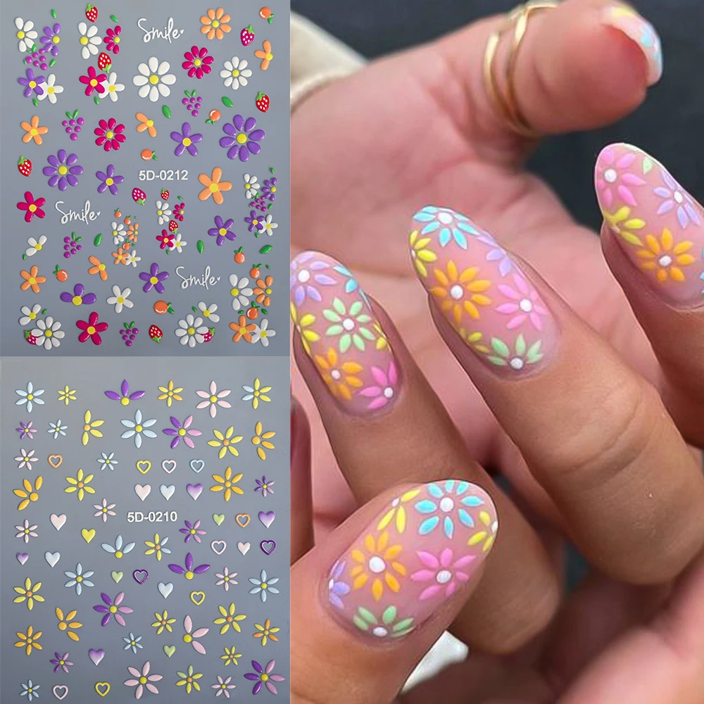 1pcs 5D Embossed Flower & Heart Nail Stickers Colorful Spring Flower Petal Nail Art Decals DIY Manicure Decor For Girls & Ladies