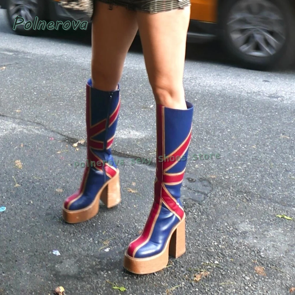 Union Jack Platform Fashion Boots Round Toe Thick Sole Mixed Colors Pull On Spicy Girl Knee High Boots Street Style 2025 Trend