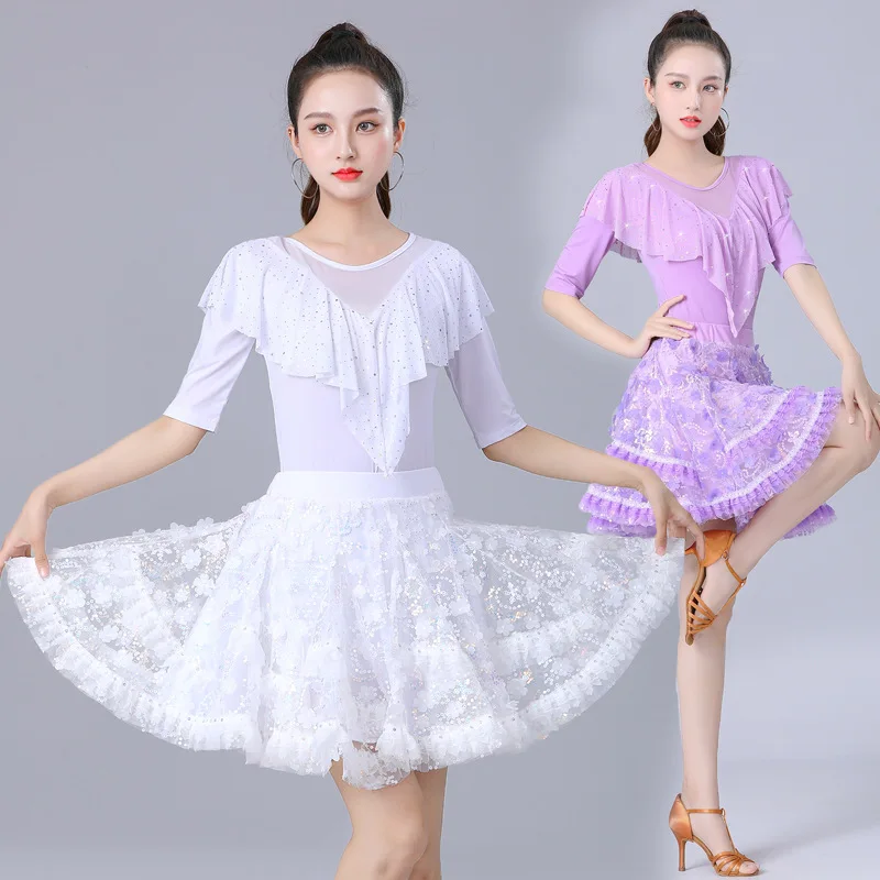 

Трехступенчатая тренировочная юбка Gitaba по индивидуальному заказу, современная юбка для латинских танцев, большой свинг-пуховое платье, комплект из 2 предметов, женская одежда, топ