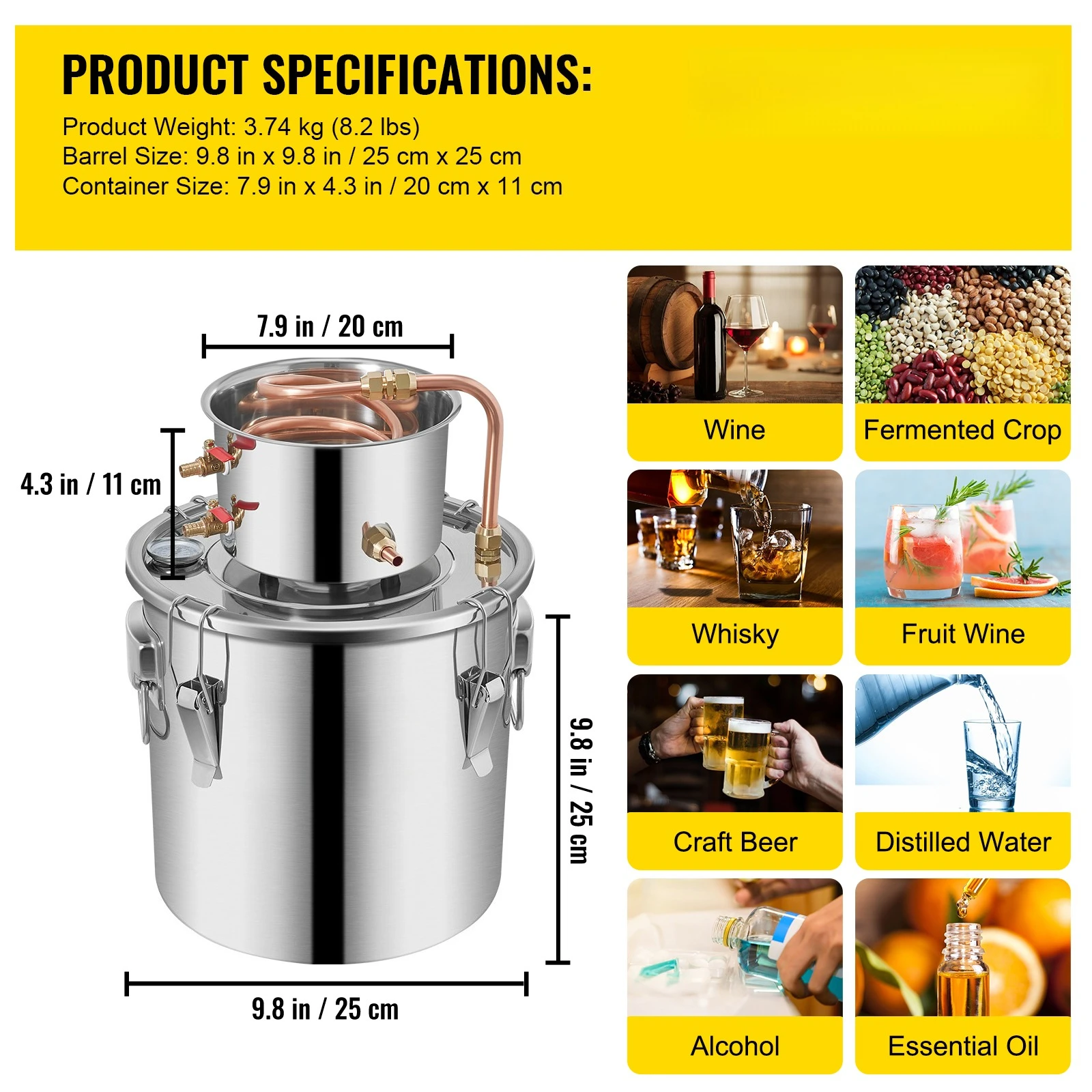 3 5 8 13 Gal Distilleerder Alambic Moonshine Alcohol Nog Roestvrij Koper DIY Home Brew Water Wijn Essentiële Olie Brouwen Kit