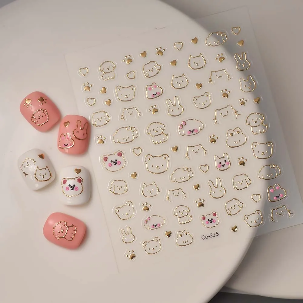 Laser Bronzing Jewelry Nail Stickers Gold Dog Rabbit 5D Nail Decals Accessories DIY Manicure Sliders CO-225