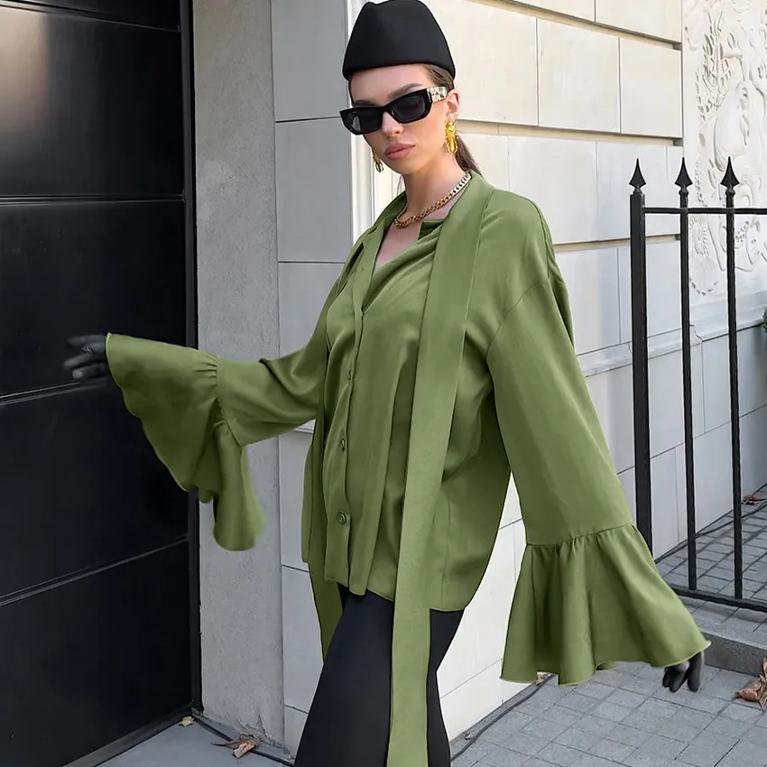 قميص Bonboho نسائي أبيض بأكمام واسعة قمصان بيضاء كسول فرنسية بياقة كبيرة الحجم وأكمام واسعة وربطة جانبية كاجوال للمكتب