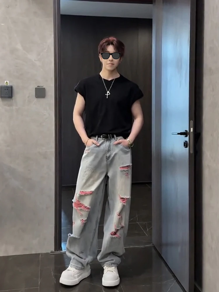 

Light Blue Men's Summer Thin Straight Loose Jeans Embroidered Hole Fashion Brand Casual Straight Leg Pants Cleanfit Style