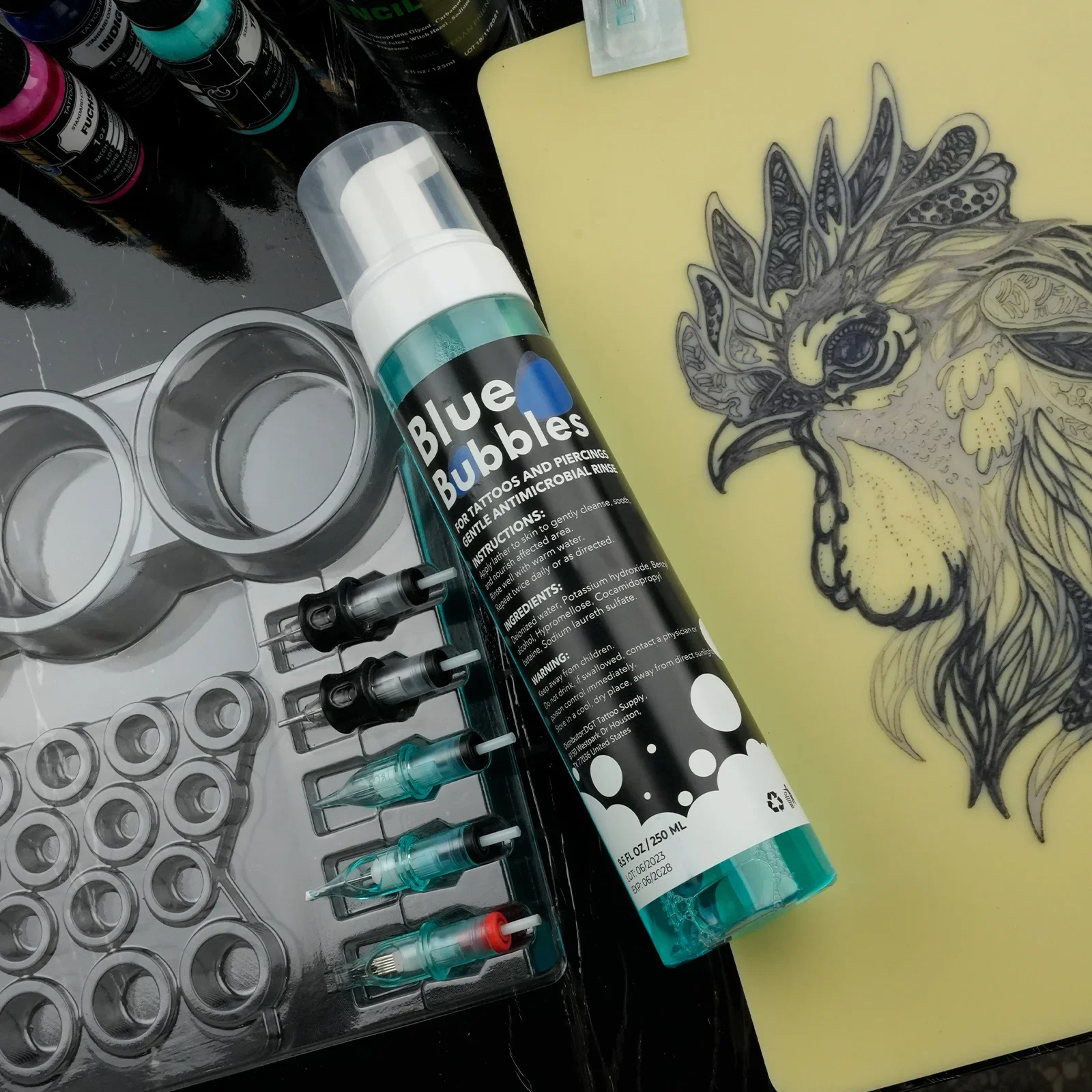 صابون العناية اللاحقة بالوشم الرغوي بالفقاعات الزرقاء سعة 8.5 أونصة - تركيبة نباتية مرطبة لطيفة لشفاء وثقب البشرة