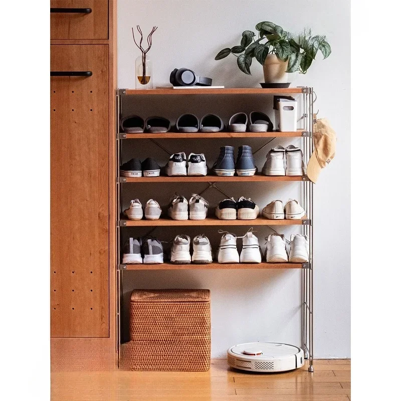 #Home Stainless steel shoe rack Japanese solid wood rack household multi-layer open small apartment metal shoe cabinet