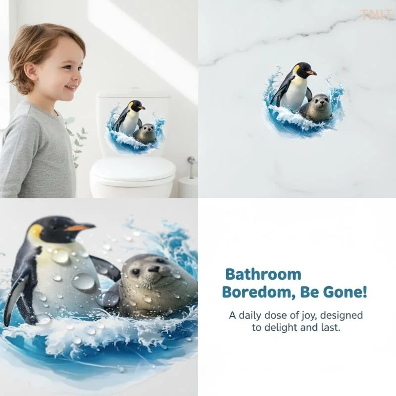 [J] Waterproof Self Adhesive Polar Ocean Animal Decorative Stickers PVC Material Toilet Tank Decorations Bathroom Decoration