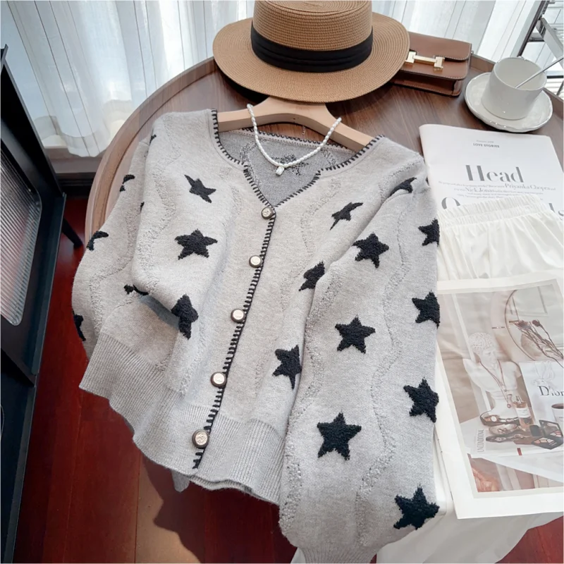 V-neck Grey Women Star Clothing Cardigan Knitting Sweater Korean Version Clothing Jacket Cashmere Coat Female Winter Short Tops