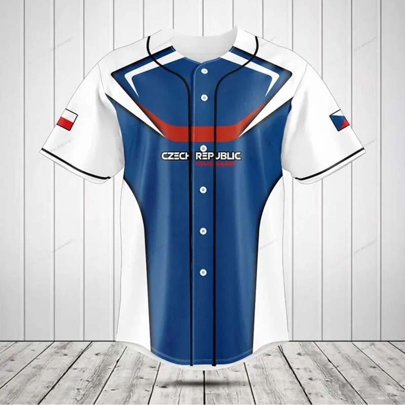 Custom Name Czech Republic Flag Graphic Button Shirt Summer Casual Loose Oversized Baseball Team Jersey Cool Short Sleeve Tops view 3