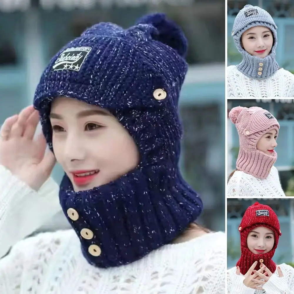 Knitted Integrated Cap Scarf Winter Warm Thickening Ear Protection Cap Soft Windproof Neck Warmer Women