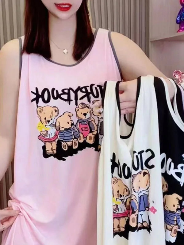 Summer New Women's Sleeveless Vest Dress Loose plus Size Sleepwear Thin Home Clothes Trendy Cartoon Print round Neck Pullover
