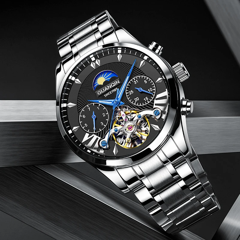GUANQIN Orologi meccanici da uomo Movimento automatico originale di lusso Tourbillon visibile Business Leisure Luminoso impermeabile
