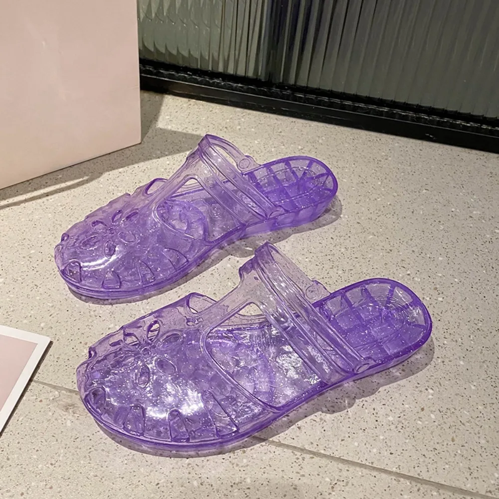 

Простые прозрачные шлепанцы из ПВХ с кристаллами, с открытым носком, с цветочным декором, нескользящие, для пляжа и дома, 2 в 1