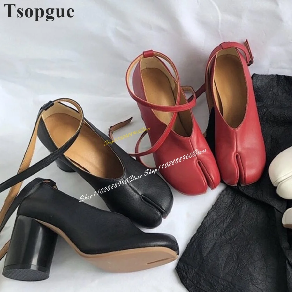 

Solid Artificial Leather Tabi Pumps Chunky High Heel Women Shoes Ankle Buckle Strap Split Toe 2024 Fashion Zapatos Para Mujere