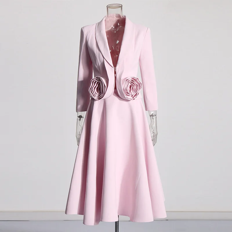 2024 Spring New Skirt Suit V-neck Stitching Three-Dimensional Rose Short Suit Jacket Pleated High Waist Skirt Two-Piece Suit