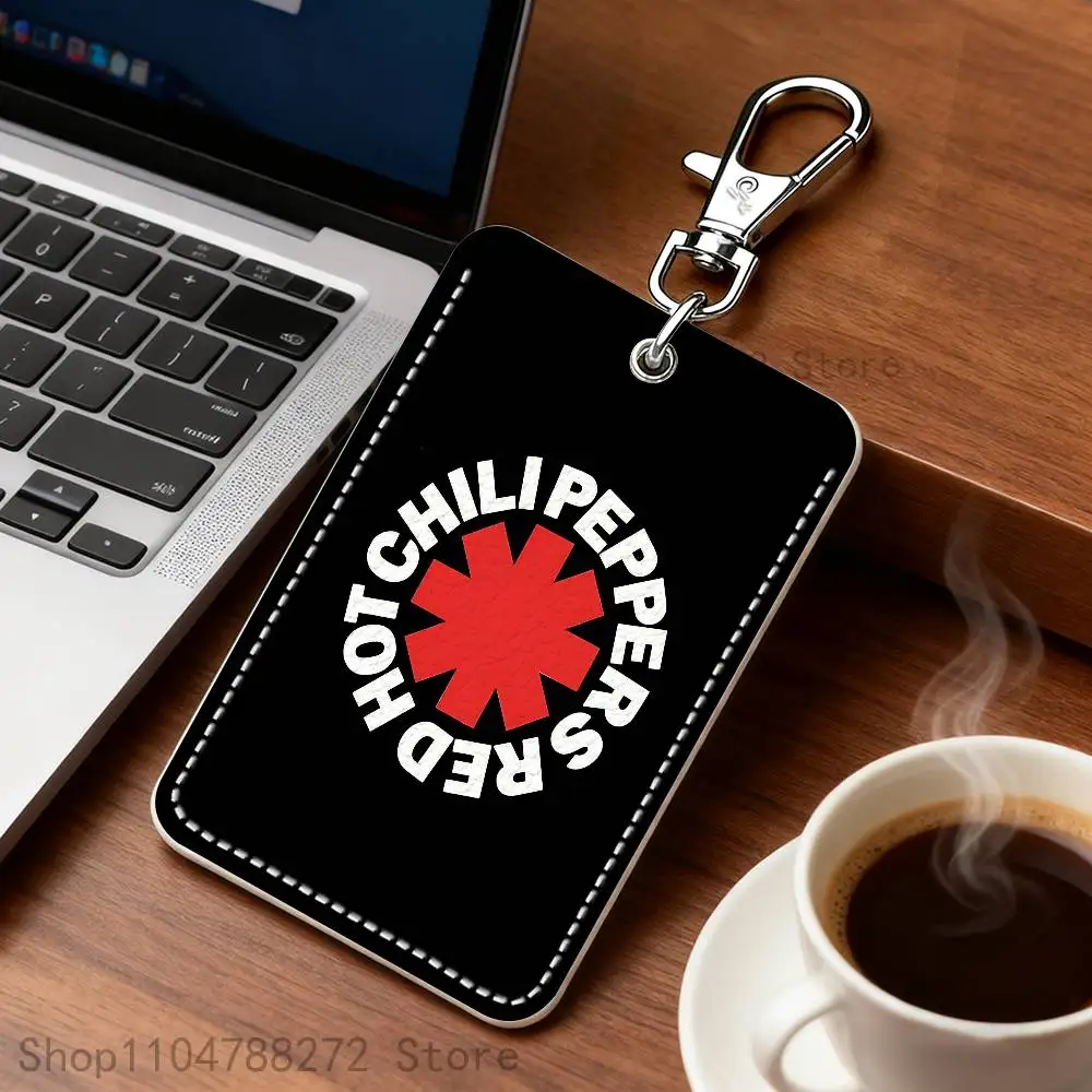 R-Red H-Hot C-Chili P-Peppers Premium PU Leather Card Holder Card Case with Metal Carabiner,Customizable Design for Daily Use