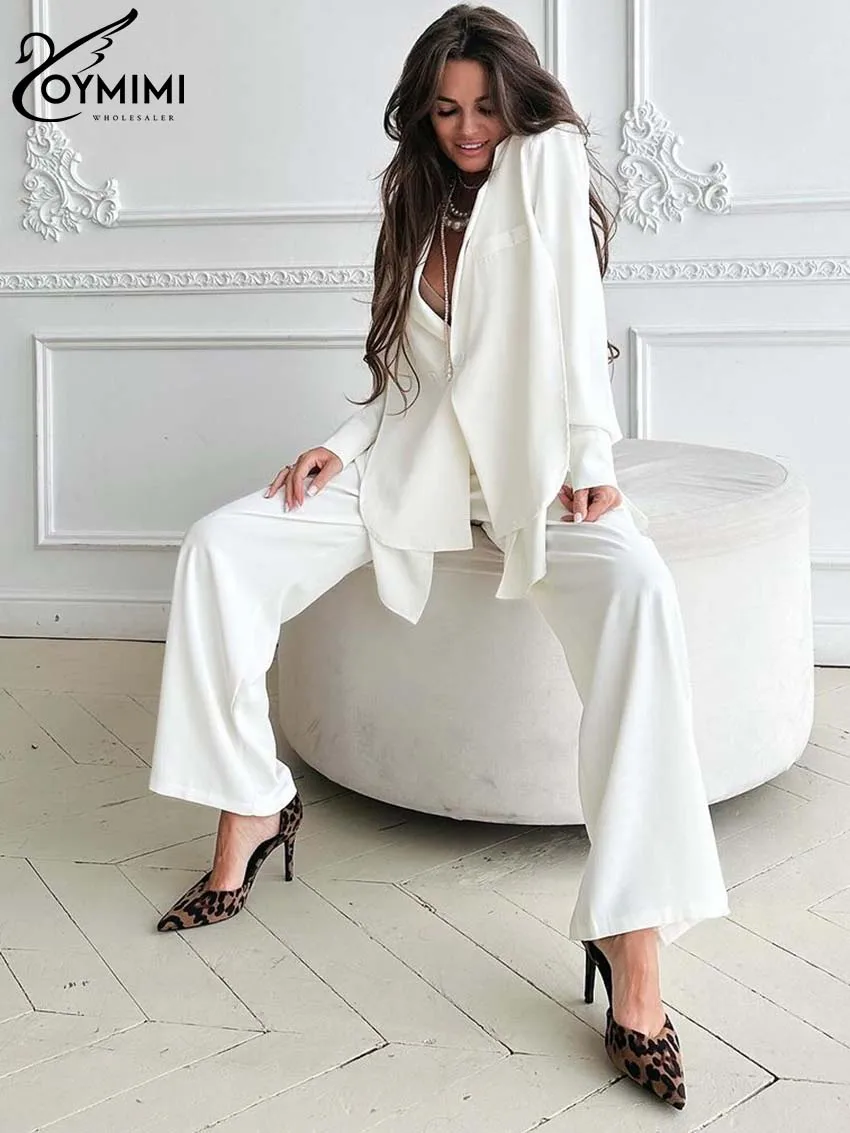 Oymimi Elegant White Sets For Women 2 Pieces Fashion Long Sleeve Button Pockets Shirts And Simple Straight Trousers Female Sets