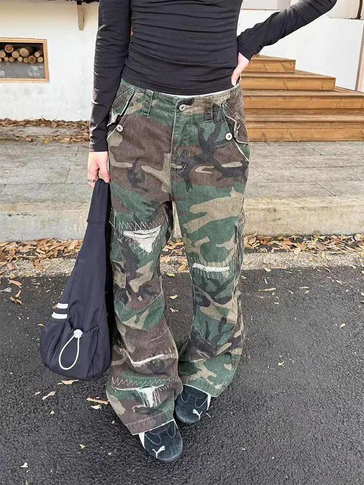 

2026 Cyber Y2K Streetwear Camouflage Baggy Women's Cargo Ripped Jeans Pants For Woman Clothing Straight Summer Long Trousers