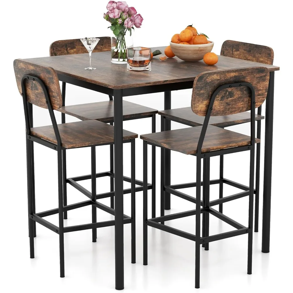 5-Piece Dining Table Set W/Counter Height Table & 4 Bar Stools, Industrial Kitchen Dining Set W/Footrest & Backrest