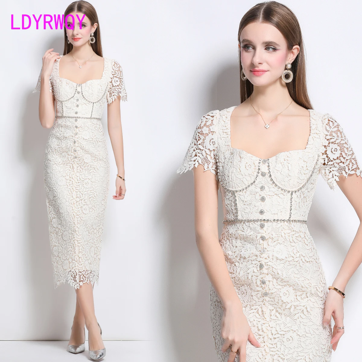 

Heavy Industry Beads Wrap Hips Skinny Slim Waist Water Soluble Flowers Hollow Lace Dress Women