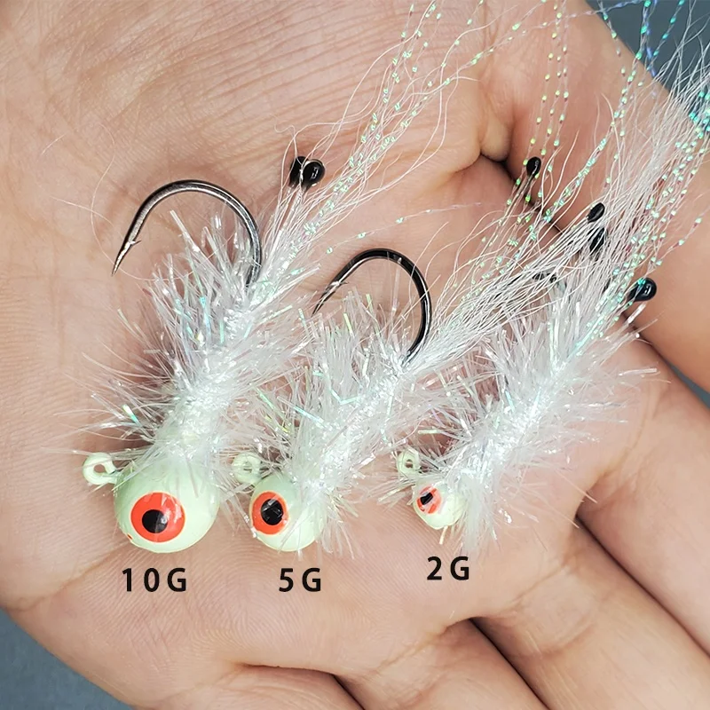 TAKEDO 5PCS/BOX 2G 5G 10G Luminous Jig Hooks Shrimp Artifical Baits Fly Fishing Rubber Jig Fly Fishing Lure Ice Fishing Trout