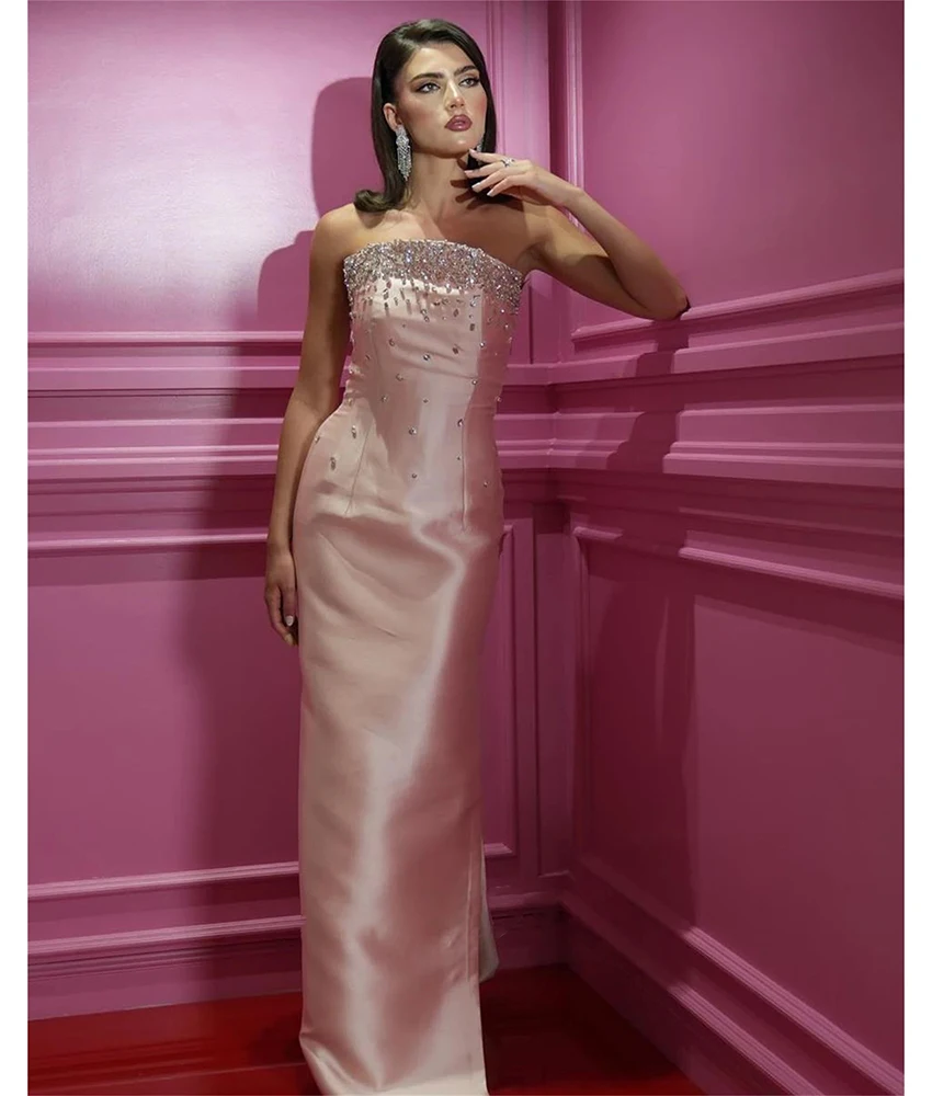 

Customized Luxury Crystal Satin Straight Evening Dress Temperament Strapless Sleeveless Floor Length Bespoke Occasion Gowns
