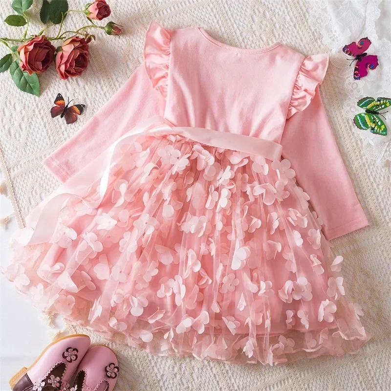 Fall Dress for Girls Pink Princess Dresses Elegant Children Birthday Party Costume for Long Sleeve 2-6Y Children\'s Autumn Clothe