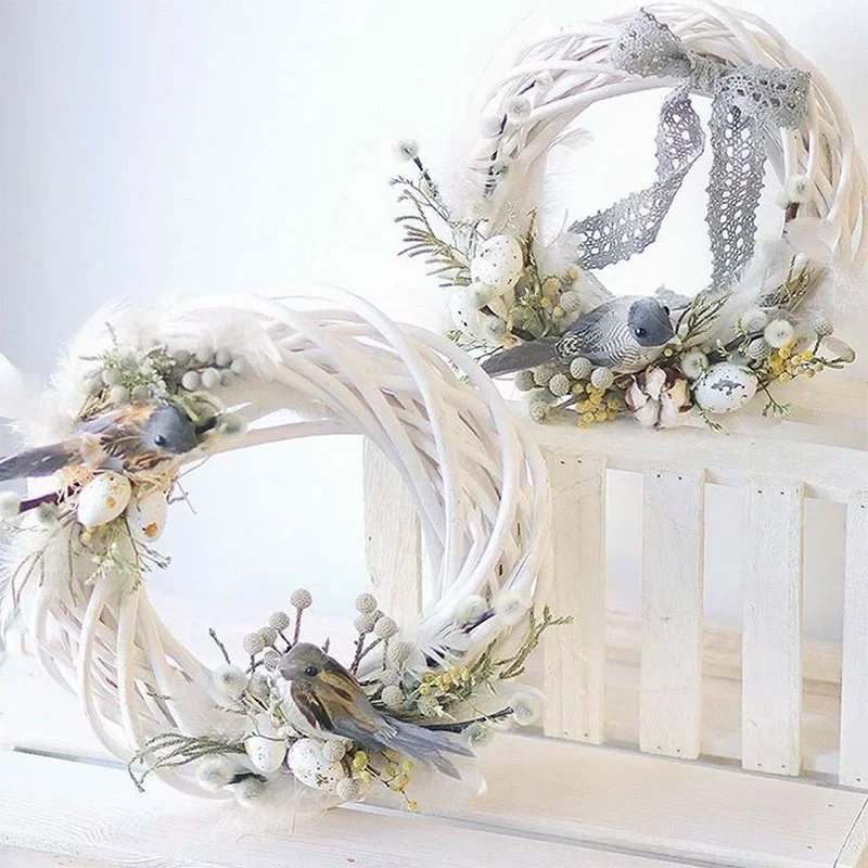 10-30cm White Rattan Wreath Ring DIY Easter Egg Decor Artificial Flower Garland Happy Easter Party Gifts Wedding Home Decoration