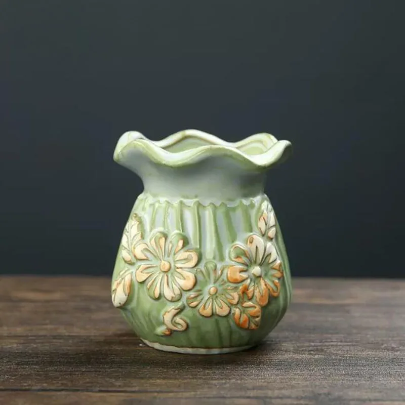 Creative Relief Flower Pattern Plant Pot Coarse Pottery Flowerpot Bonsai Vase Desktop Ornaments Home Garden Decor
