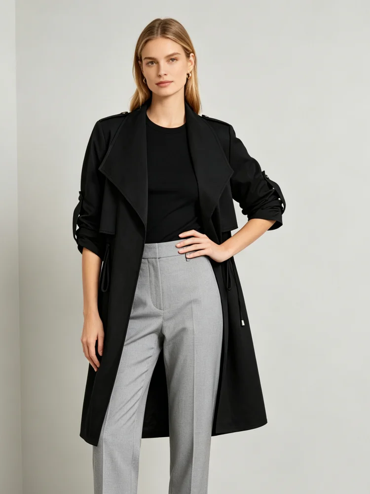 Damen-Trenchcoat, mittellang, zweireihig, langärmelig, mit Schulterklappen und Manschettenbändern, einfarbig, Windbreaker, für den täglichen Gebrauch und als Oberbekleidung. – Detail 4